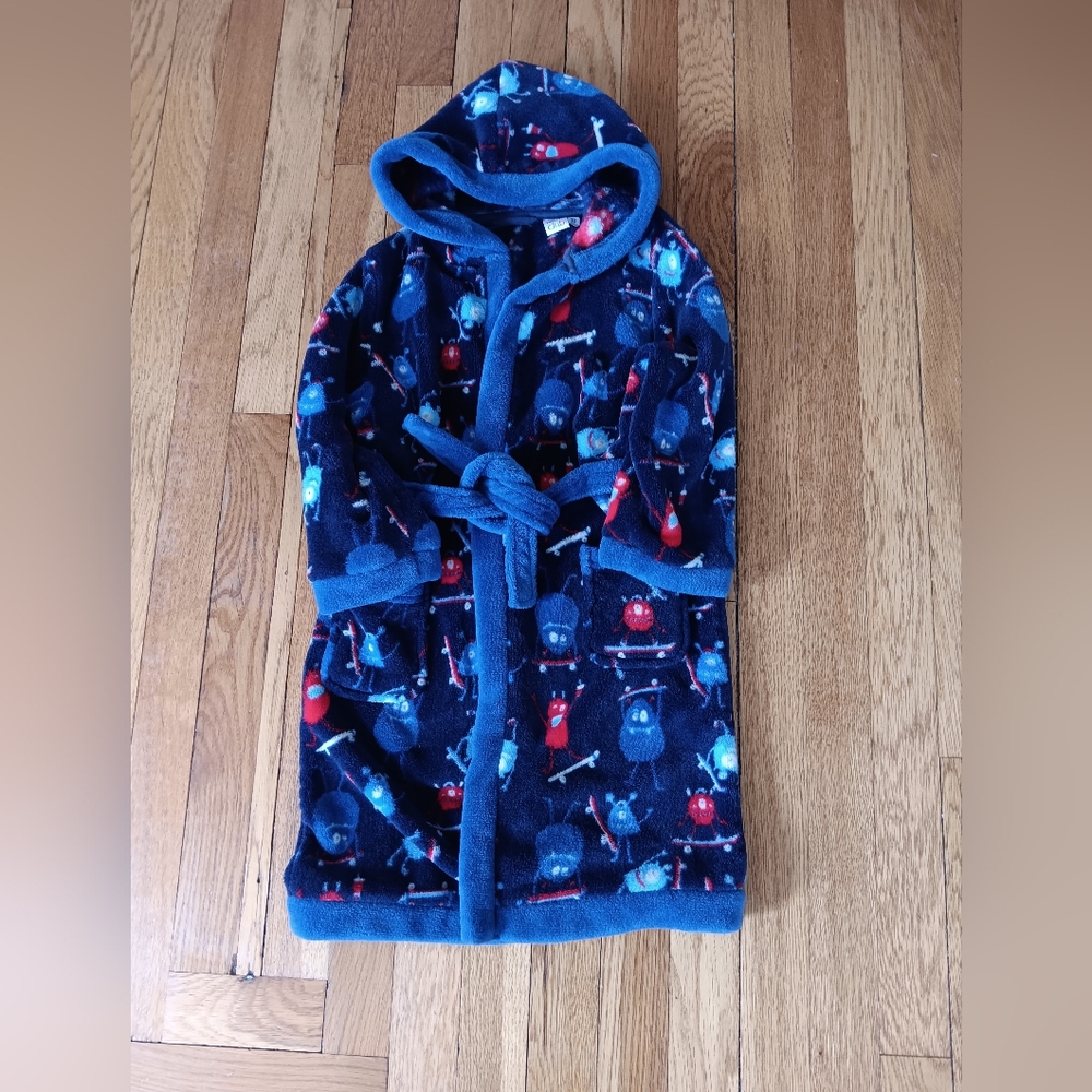 Cozy Blue Hooded Robe with Fun Monster Print